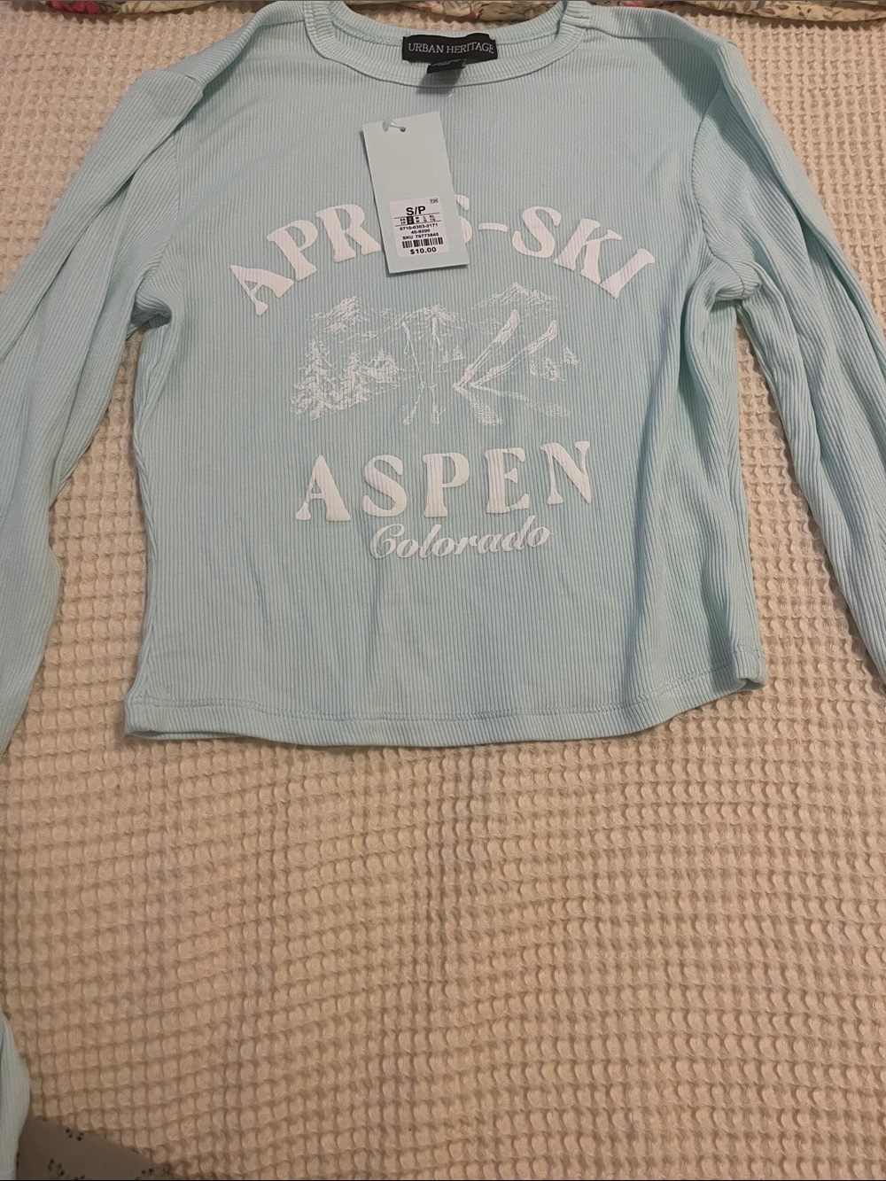 Charlotte Russe  Ribbed Graphic Long Sleeve Tee in Light Aqua